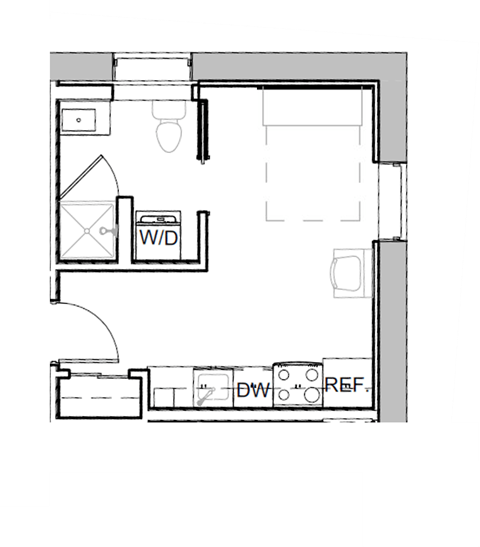 a floor plan of a small house with a bedroom and a bathroom